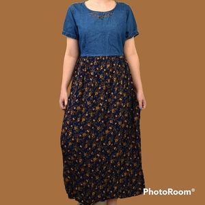 Vtg 90s denim floral maxi dress